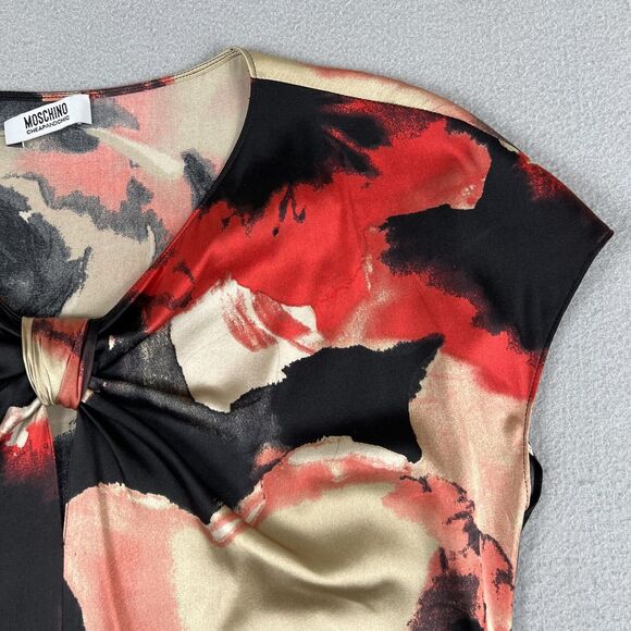 Moschino Cheap And Chic Silk Abstract Floral Red Key Hole Cap Sleeve Blouse‎ 8 - Picture 2 of 16